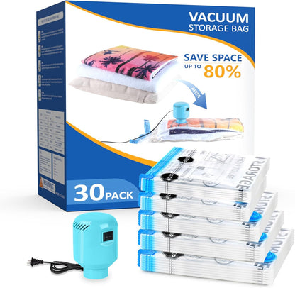 ZPP Vacuum Storage Bags with Electric Pump (30 Pack) - 6 Jumbo, 6 Large, 6 Medium, 6 Small, 6 Roll Up Bags for Travel