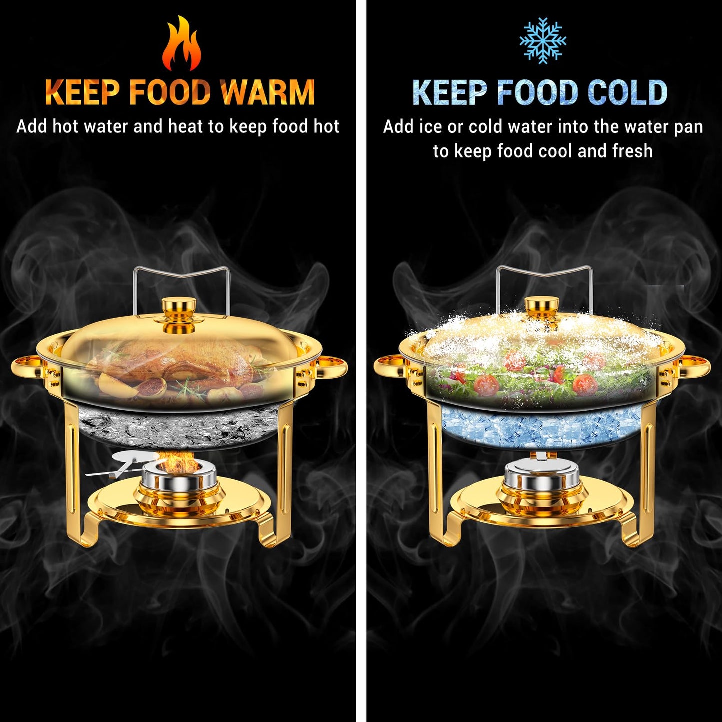 Keyoxy Round Chafing Dishes for Buffet 5 Qt,High Grade Chafing Dish Buffet Set with Stainless Steel Lid & Lid Holder,Full Size Pan,Food Warmers for Parties,Buffet,Wedding, Birthday 4 Pack (Gold)