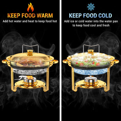 Keyoxy Round Chafing Dishes for Buffet 5 Qt,High Grade Chafing Dish Buffet Set with Stainless Steel Lid & Lid Holder,Full Size Pan,Food Warmers for Parties,Buffet,Wedding, Birthday 4 Pack (Gold)