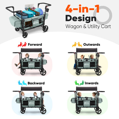 Sekey Wagon Stroller for 2 Kids, Luxury 4-in-1 Stroller Wagon - Premium Quality with Convertible Seats, Adjustable Push Handles, Removable Canopy, Snack Tray & Cooler, US Certified.