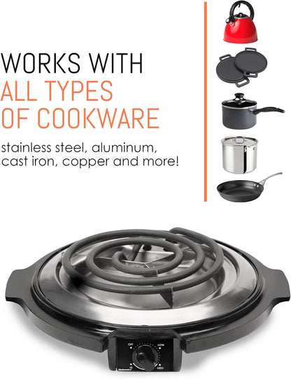 Elite Gourmet ESB-300X Single Countertop Coiled Burner, 1000 Watts Electric Hot Plate, Black, Easy to Clean