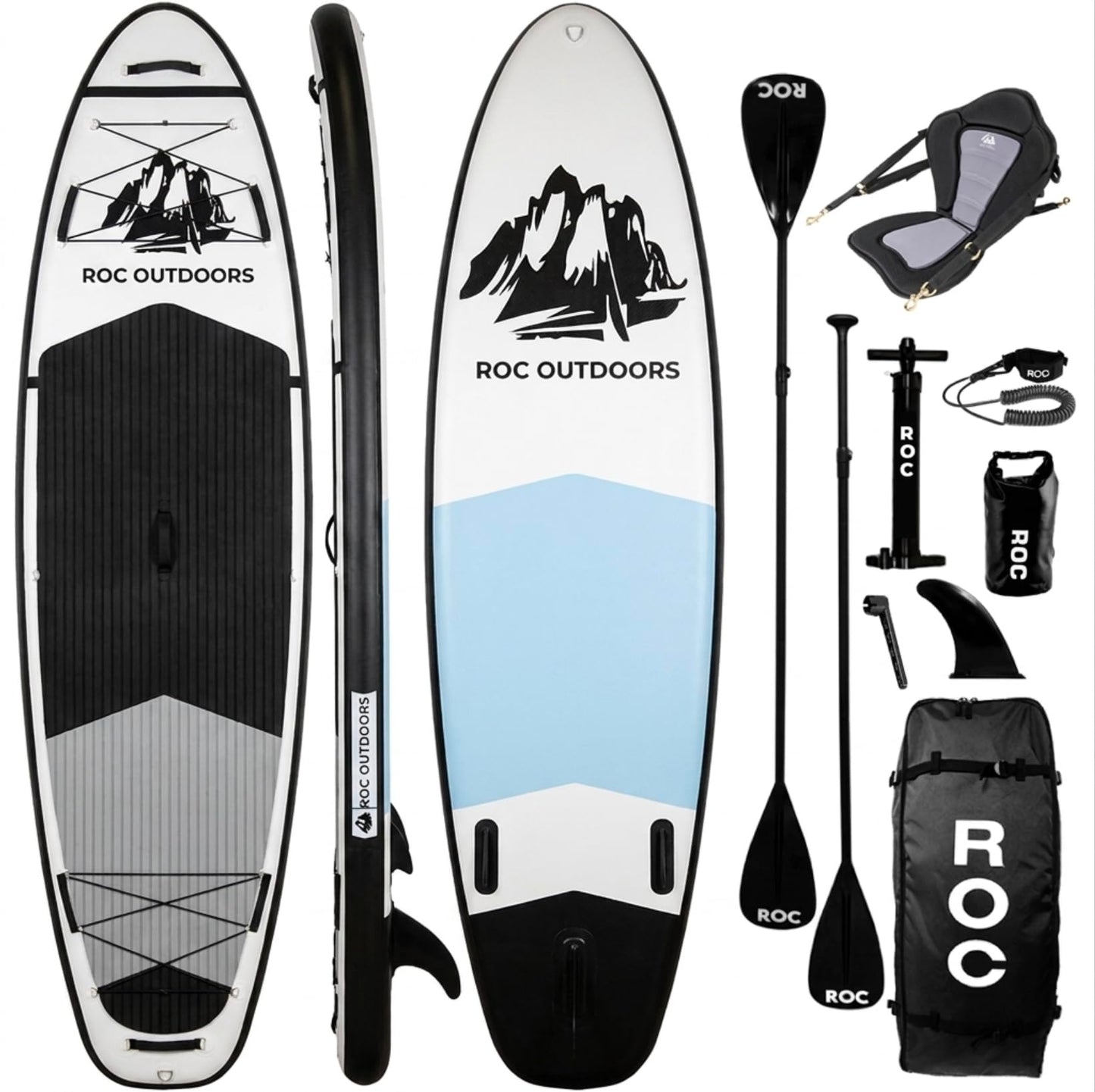 Roc Inflatable Stand Up Paddle Board 10' 6" with Premium SUP Paddle Board Accessories, Wide Stable Design, Non-Slip Comfort Deck for Youth & Adults (Black & White/Kayak Seat)