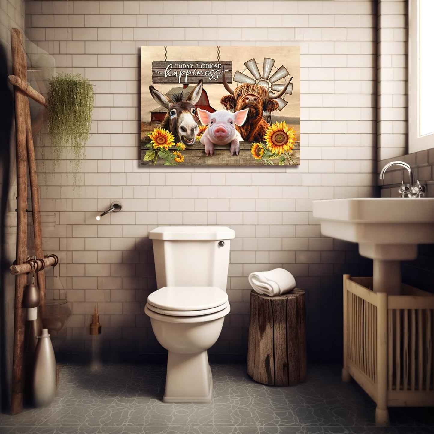 Beabalea Farmhouse Animals Canvas Wall Art - Rustic Sunflowers, Donkey, Cow, Pig Pictures for Bedroom, Bathroom, Living