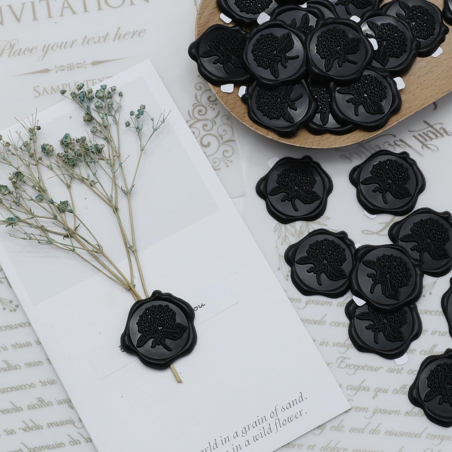 50pcs Hydrangea Wax Seal Stickers, Andotopee Floral Botanical Envelope Seal Stickers, Self-Adhesive Black Stickers Pre-Made from Real Sealing Wax, Great for Wedding Invitation, Gift Wrapping