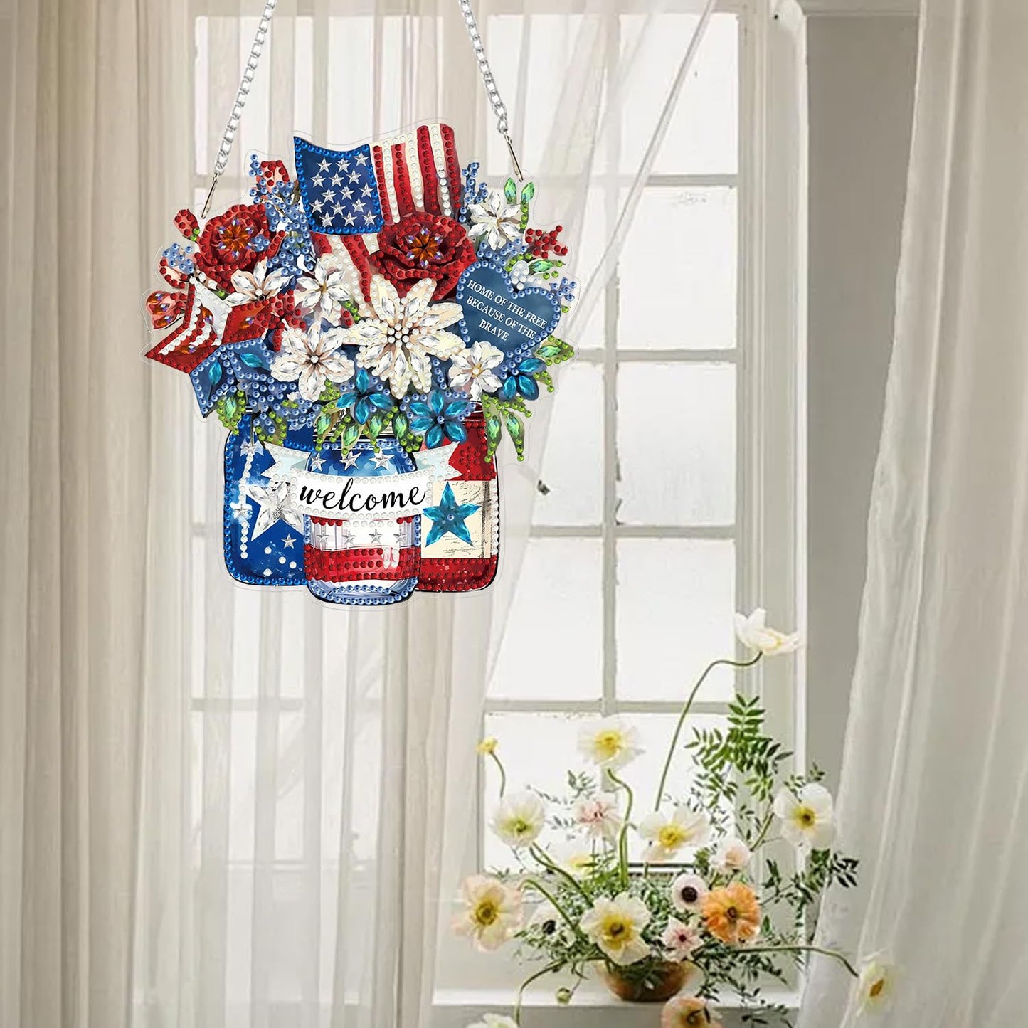 Diamond Art Hanging Kit for Adult,Special Shaped Rhinestone,Double Sided DIY Acrylic Diamond Art Painting Window Pendants Home Garden Wall Hanging Kits Hanging Ornament (Independence Day Flower)