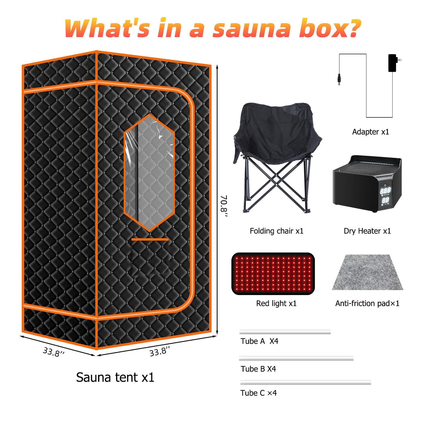 Smartmak Portable Steam Sauna, Personal Steam Sauna Box, Indoor Steam Sauna for Home, with 4L 1600W Steamer, Remote Control, Folding Chair (Orange, 33.8 * 33.8 * 65.7inch)