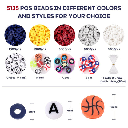 Red White and Blue Clay Beads, Clay Beads for Bracelet Making, Funtopia 5000 Pcs Heishi Flat Round Bead, Friendship Bracelet Kit with Letter Sports Bead, Birthday DIY Craft for Boys Adults