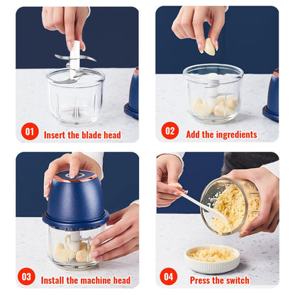 Electric Garlic Chopper 350ml, Powerful Portable Mini Food Processor, 1 Head 6 Blades, 1200mAh USB Rechargeable One-Touch Mincer for Garlic, Onion & Herbs, Auto Shut-Off, Noise-Reducing Base(Blue)