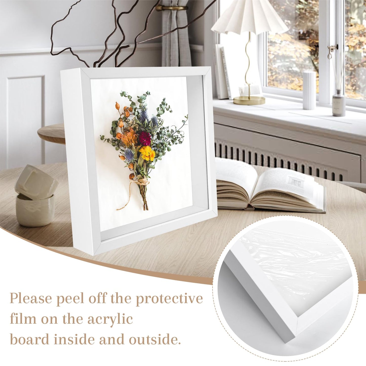 4 Pack 8"x 8" Shadow Boxes Frame Display Cases Wood Deep Shadowbox for Photos, Dried Flowers, Handicrafts Picture Frames for Wall Tabletop (White, 8x8)