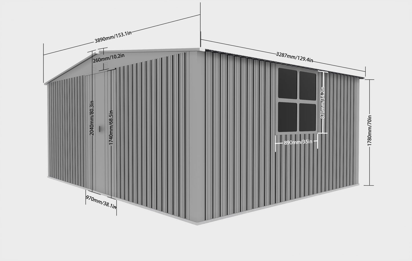 YOPTO 11x13 FT Outdoor Storage Shed,Metal Waterproof Tool House with Firewood Shed and 2 Integrated Punched Vents,2-in-1 Garden Storager Apex Roof Shelter w/Window & Door for Wood,Bicycles,Grey