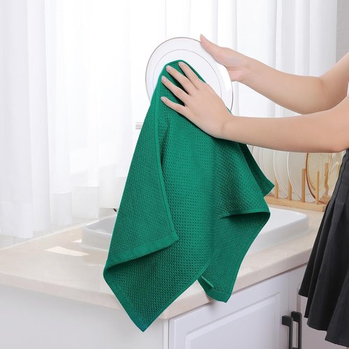 Homaxy 100% Cotton Waffle Weave Dish Towels - Ultra Soft & Absorbent, 13 x 28 Inches, Dark Green | 6-Pack