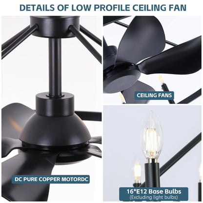 COCOSTAR 44" Black Wagon Wheel Chandelier Farmhouse Ceiling Fan with Light and Remote,16-Lights Large Fandelier with Candle,Rustic Big Light Fixture for Living Room Kichen Dining Room