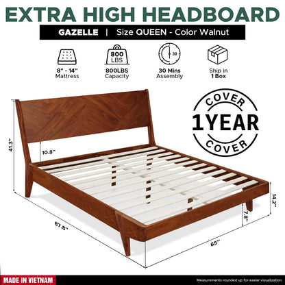 RORNS Gazelle Bed Frame with Headboard Solid Wood Platform Bed, Queen Bed Frames, Optical Illusion Tall Headboard Wood Bed Compatible with All Mattress Types, No Box Spring Needed, Walnut