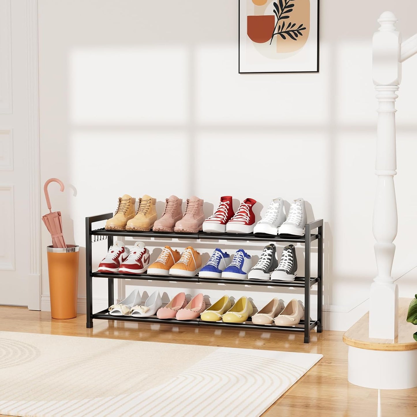 18.5"33", 3-Tier Closet, 12 Expandable Shoe Rack for Small Spaces, Adjustable Width Sturdy Metal Shoe Organizer