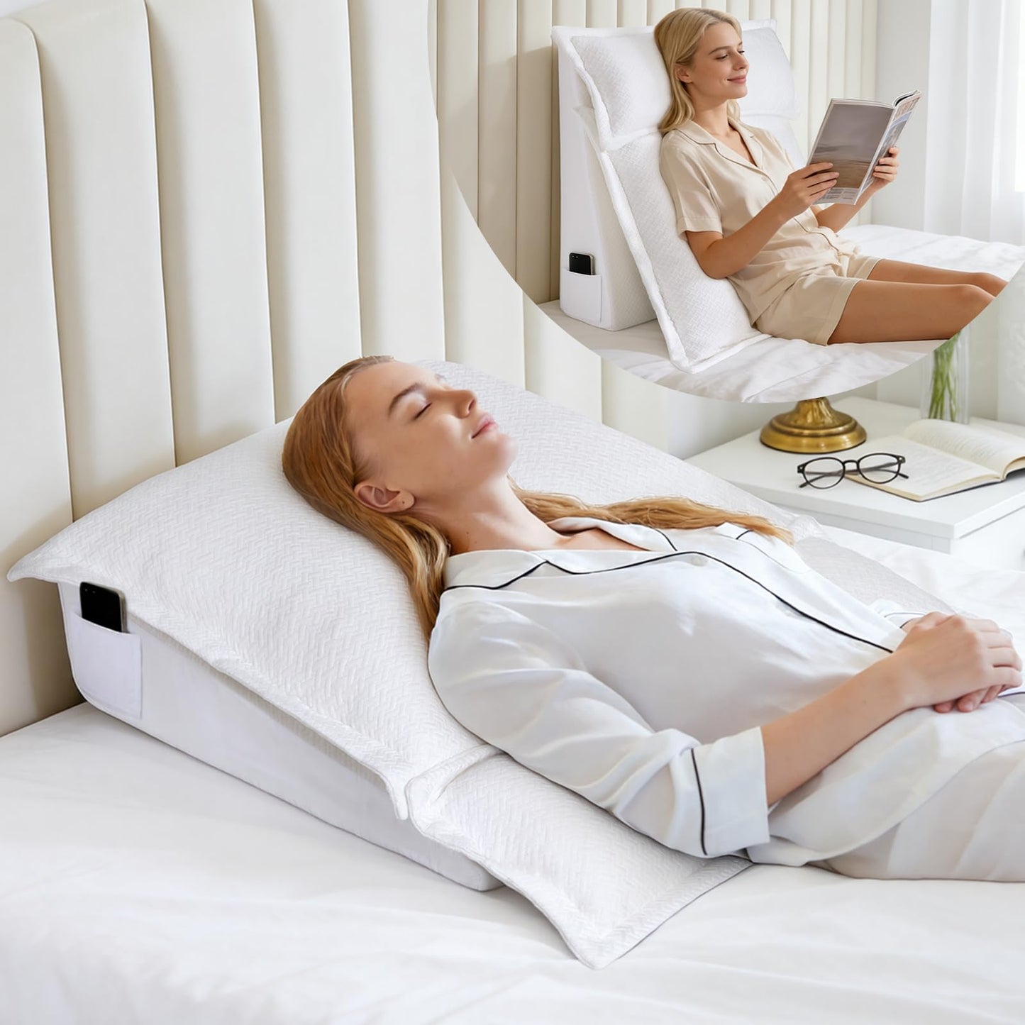 Queen Bed Wedge Pillow for Headboard Gap, Ergonomic Waves Bed Mattress Gap Filler(0-7") with High-Density Foam, Non-slip Bottom, Bed Gap Filler with Large Pockets & Washable Cover, Grey(60"x10"x6")