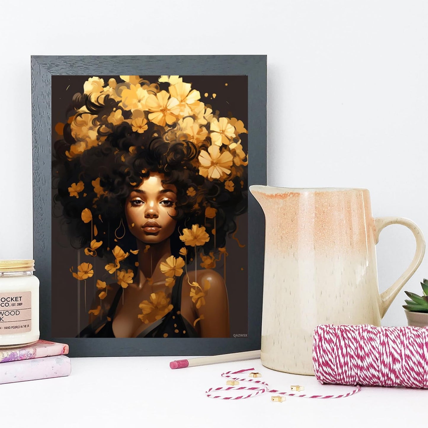 Christmas Gift Black Woman Gold Flowers 5D Full Round Drill Diamond Painting Kits by Number for Adults Beginner Diamond Painting Beads Art Crystal for New Year Valentine's Day Decor Gift 12x16 inch