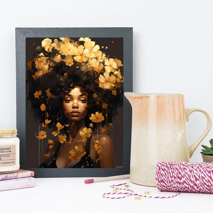 Christmas Gift Black Woman Gold Flowers 5D Full Round Drill Diamond Painting Kits by Number for Adults Beginner Diamond Painting Beads Art Crystal for New Year Valentine's Day Decor Gift 12x16 inch