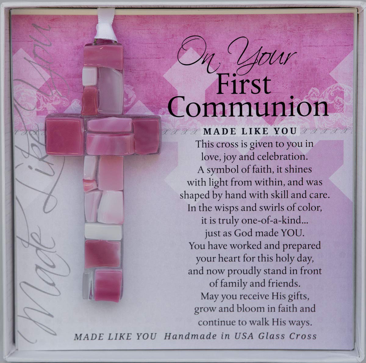 First Communion Gift for Girl, Handmade in USA Pink Mosaic Glass Cross with Sentiment