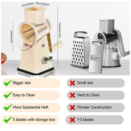 Xilrvna RotaryCheese Grater,VegetableShredder 5 in 1 Cheese Grater with HandleedderReinforcedSuction,EasytoClean,KitchenChopperforCrushedIce,Fruits and Nuts with Blade Storage Case（White