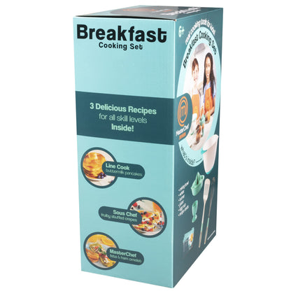 MasterChef Junior Breakfast Cooking Set- 6 Pc Kit w Real Cooking Tools for Kids & Recipes- Includes Spatula, Mixing Bowl, Whisk, Egg Cup, Juicer- Make Pancakes, Crepes & More- Fun Breakfast Essentials