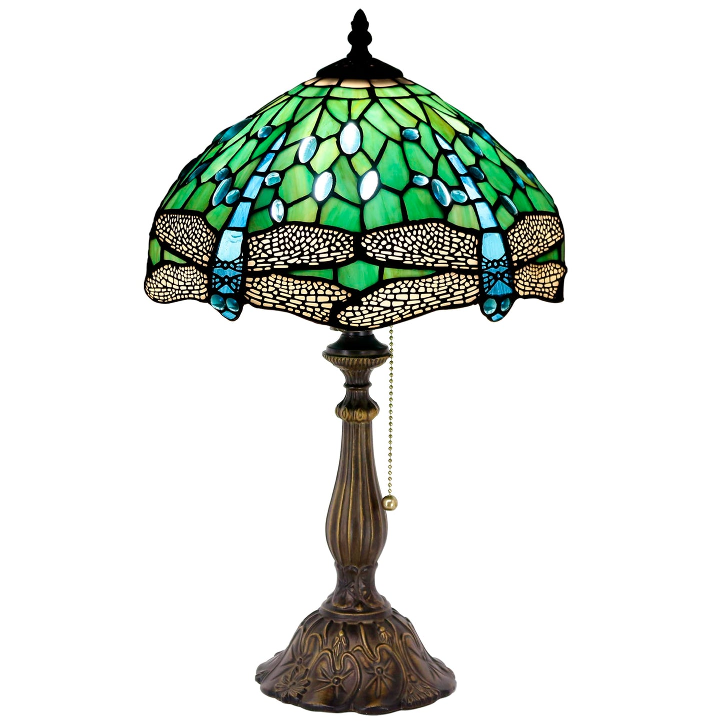ZJART Tiffany Table Lamp Stained Glass Lamp 12X12X19 Inch Antique Reading Light (Green Dragonfly)
