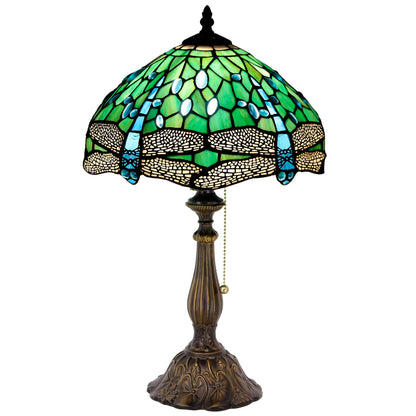 ZJART Tiffany Table Lamp Stained Glass Lamp 12X12X19 Inch Antique Reading Light (Green Dragonfly)