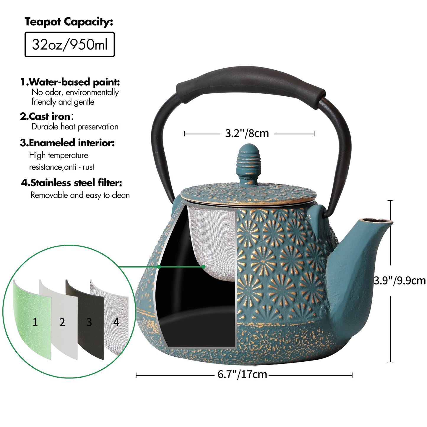 MILVBUSISS Cast Iron Teapot, 32oz Japanese Sakura Blossom Pattern Tea Kettle, Stovetop Safe, Infuser for Loose Leaf & Coffee, Silicone Handle, Enamel Interior, 950ml Blue