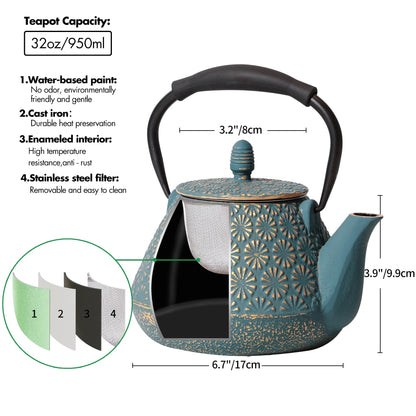 MILVBUSISS Cast Iron Teapot, 32oz Japanese Sakura Blossom Pattern Tea Kettle, Stovetop Safe, Infuser for Loose Leaf & Coffee, Silicone Handle, Enamel Interior, 950ml Blue