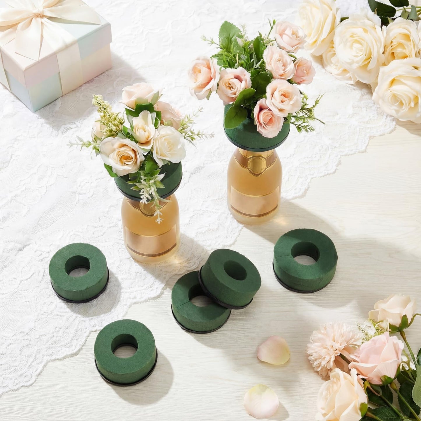 Wonderjune 12 Pcs Mini Floral Foam Holder for Wine Bottle Topper Green Flower Foam Round with Base Flower Arrangement Supplies for Wedding Party Table Decoration Wine Bottle Decor (3.9 x 1.8")