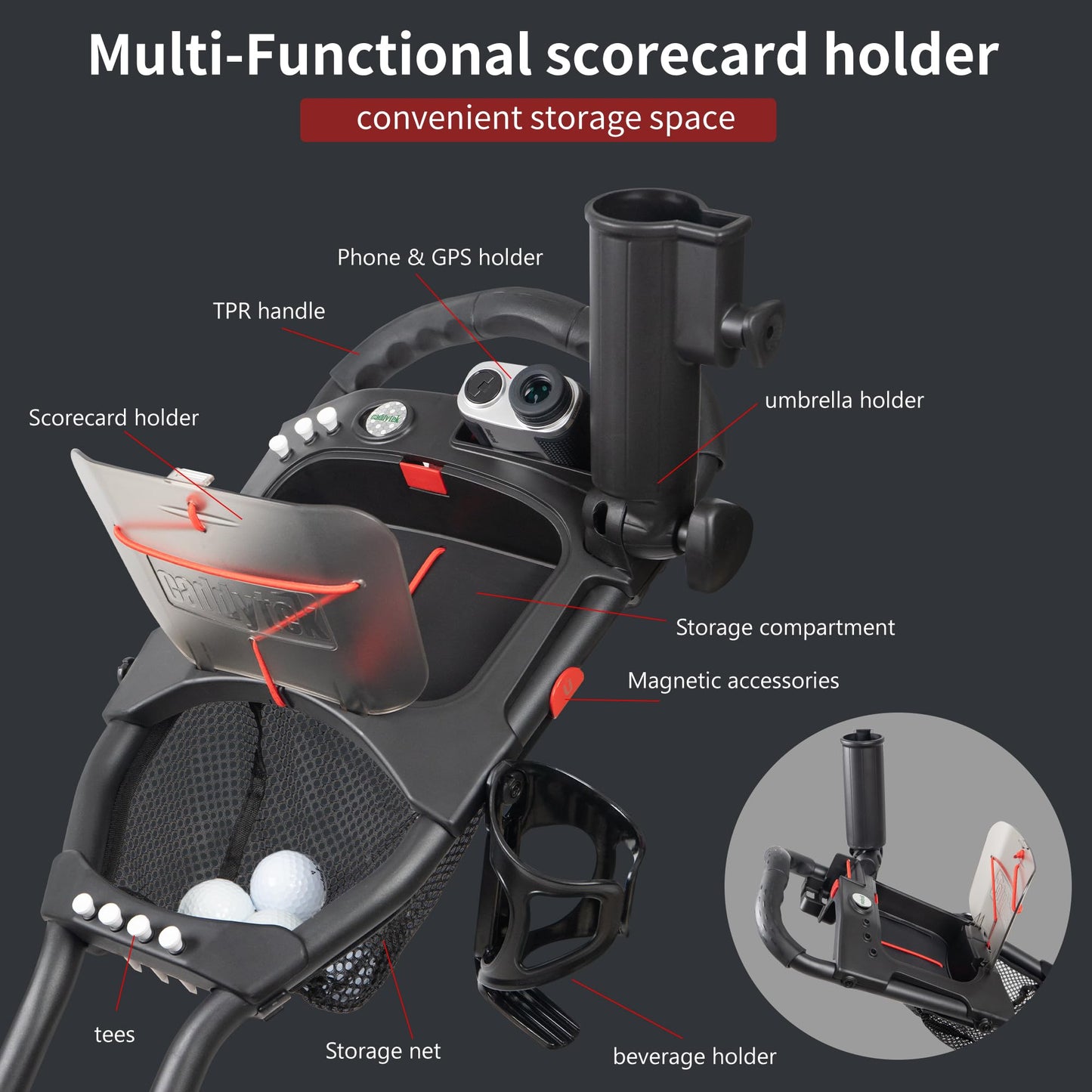 Caddytek CaddyLite 15.3 V2 Golf Push Cart - Lightweight Foldable Aluminum Cart with EVA Wheels, Foot Brake, Adjustable Handle, Umbrella Holder, Drink Holder, Scorecard Holder
