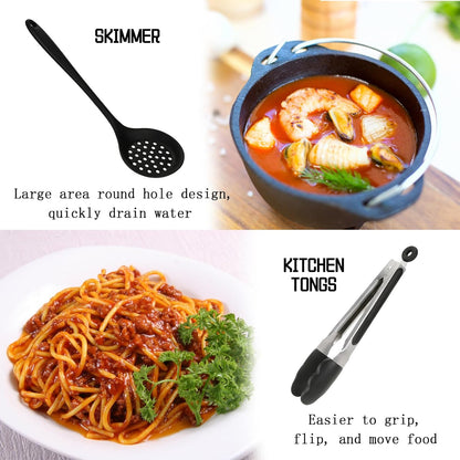 Silicone Kitchen Utensils Set of 10 for Cooking, Nonstick Cookware, Includes Slotted Turner, Soup Ladle, Tongs & Holder