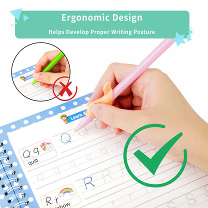 PracticeJQDEN Large Reusable Grooved Handwriting Practice Workbooks for Kids Ages 3-8 Magic Disappearing Ink & 3D Groove Preschool Kindergarten Children Writing Books 5-Book Set with Pen Grips
