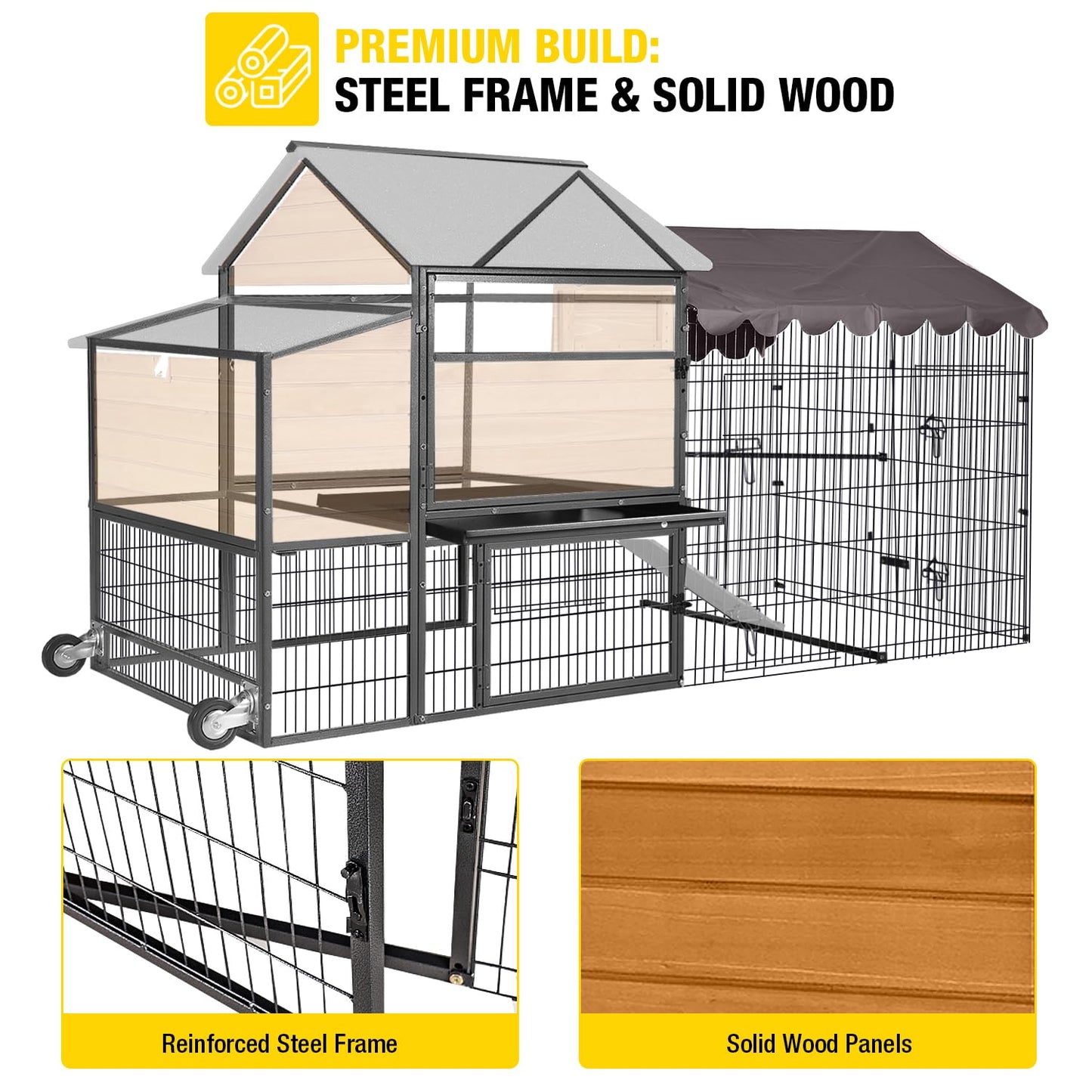 Large Chicken Coop for 4-6 Chickens, All-Steel Frame Hen House Poultry Cage with Waterproof Cover, Nesting Box & Metal Run