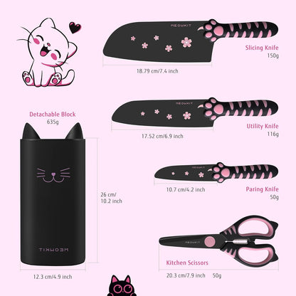 Cute Kitchen Knife Set, 5-Piece Non-Stick Knives with Detachable Block & Scissors, Sharp Kitchen Knives for Home