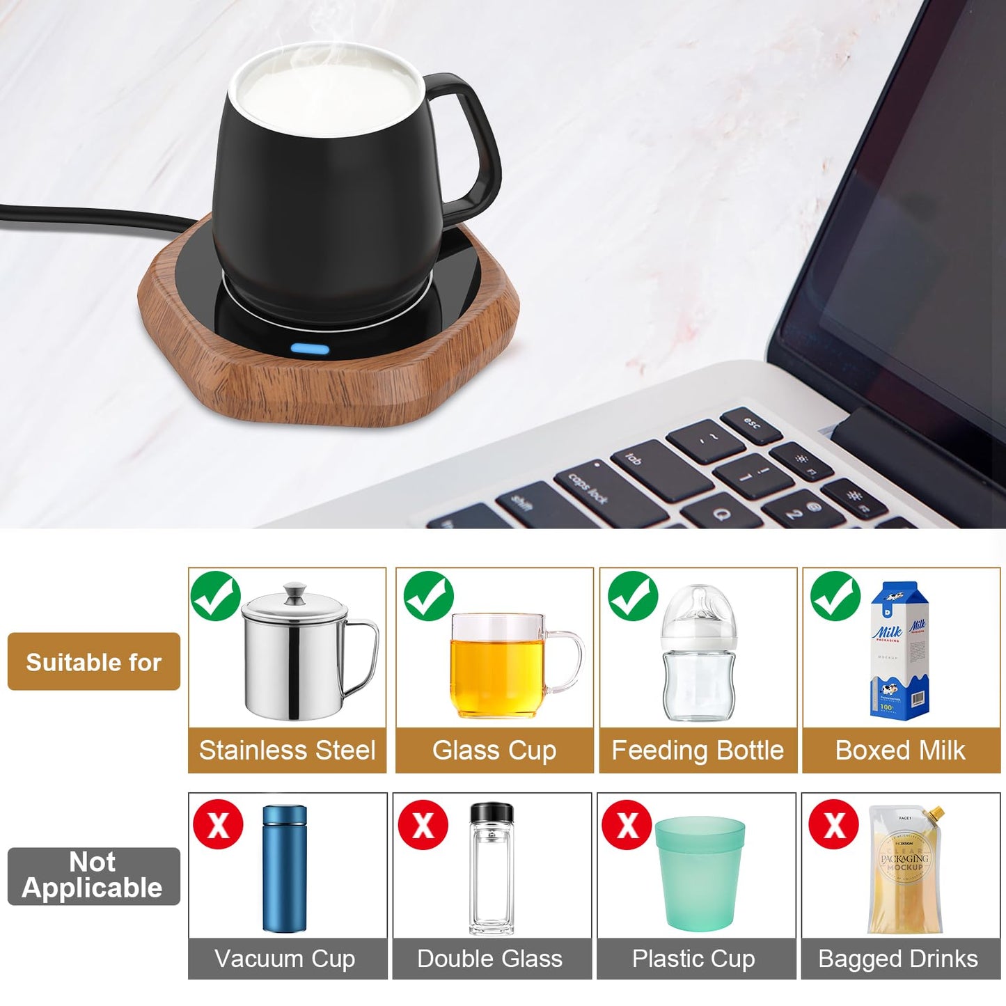 Coffee Mug Warmer for Desk - Wooden Auto Shut Off Drink Warmer for Milk Tea Water Cocoa - Smart Beverage Heating Candle Wax Plate - Hexagonal