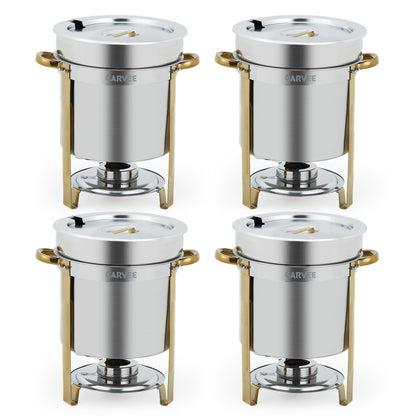 GarveeHome 11QT Round Soup Chafer Sets of 4, Commercial Soup Warmer with Pot, Notched Lids & Fuel Holders, Stainless Steel Food Warmer for Buffets Parties Wedding Banquets Catering, Gold