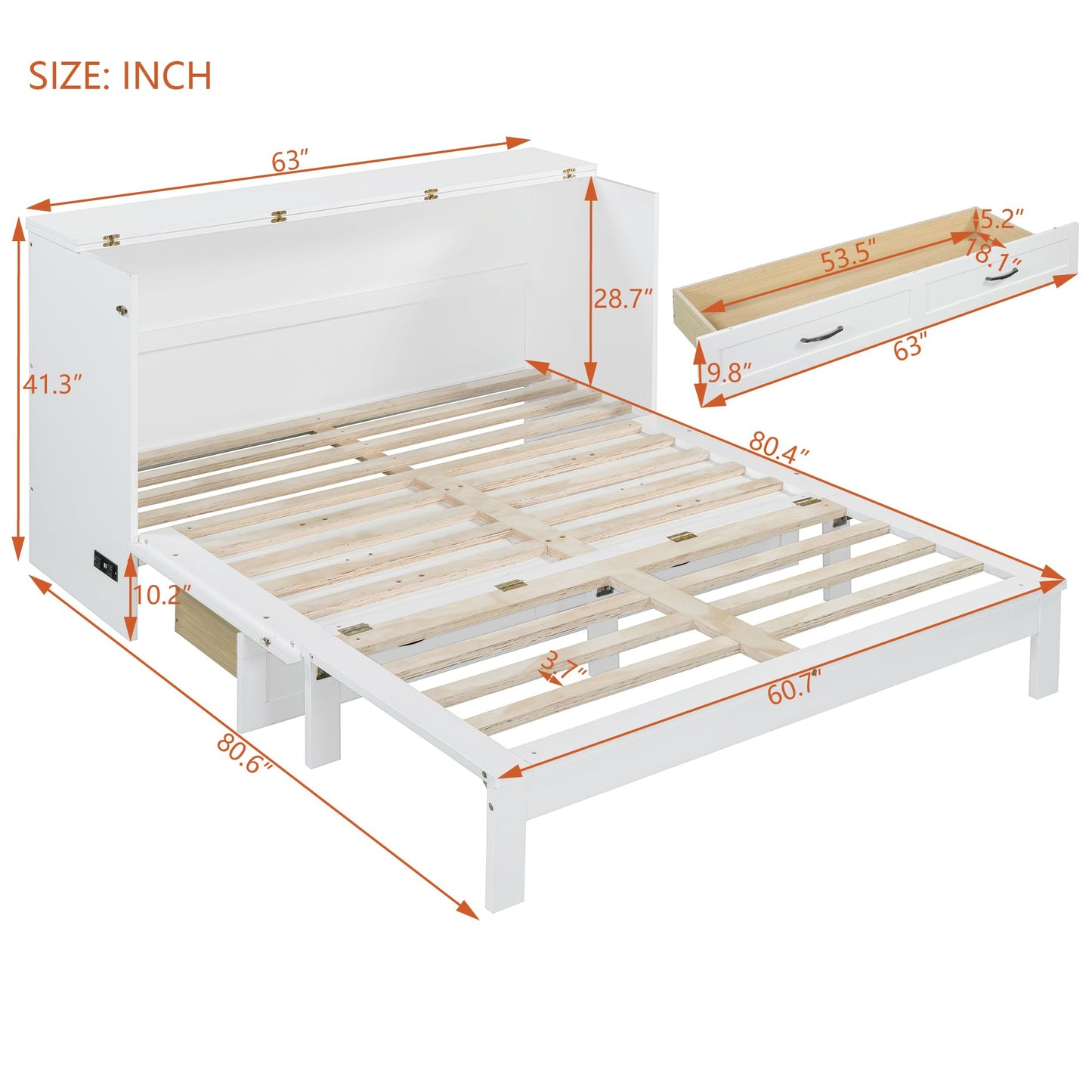 Merax Queen Size Murphy Bed Cabinet with Charging Station and Large Storage Drawer, Foldable Pull Out Murphy Chest Bed for Apartments, Bedrooms, Studio, No Spring Box Needed, White