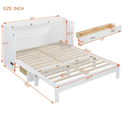 Merax Queen Size Murphy Bed Cabinet with Charging Station and Large Storage Drawer, Foldable Pull Out Murphy Chest Bed for Apartments, Bedrooms, Studio, No Spring Box Needed, White
