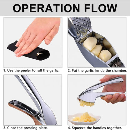 Garlic Press, Garlic Peeler and Cleaning Brush as 1 Set, Heavy Duty and Rust Proof Garlic Press Made of 304 Stainless Steel for Home and Kitchen Tools, Easy to Use & Dishwasher Safe