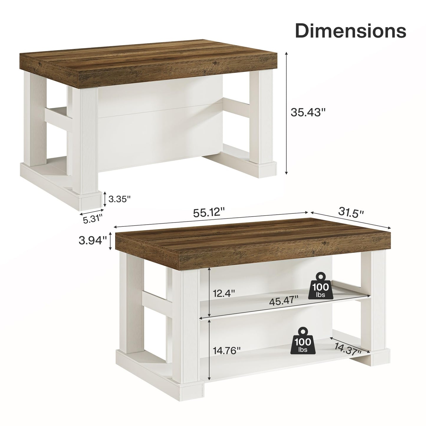 Tribesigns 55" Kitchen Island with Seating and Storage, 3-Tier Farmhouse Wood Stationary Island Table with Large Worktop & Leg Room, Coffee Bar Table with Storage Shelves for Kitchen, White and Brown