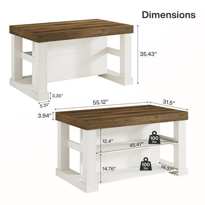Tribesigns 55" Kitchen Island with Seating and Storage, 3-Tier Farmhouse Wood Stationary Island Table with Large Worktop & Leg Room, Coffee Bar Table with Storage Shelves for Kitchen, White and Brown