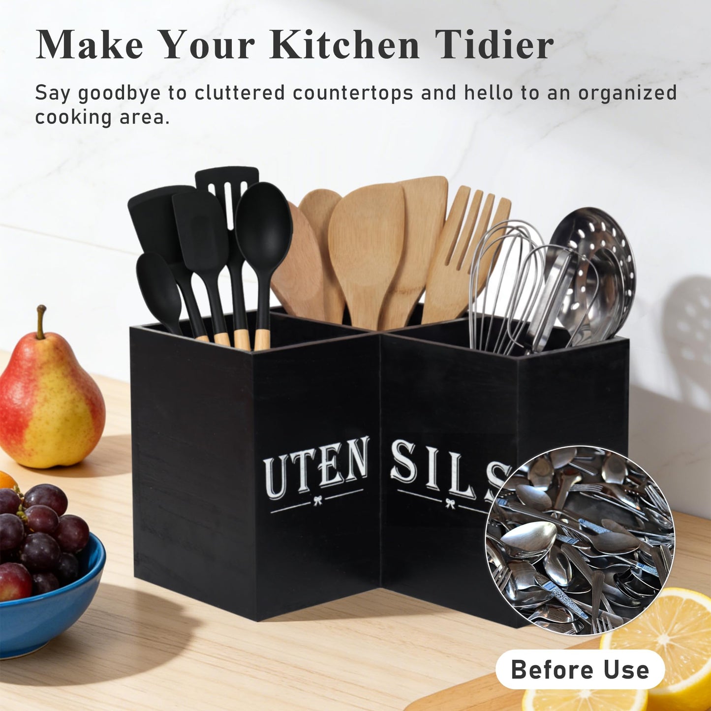 Top-spring Extra Large Utensil Holder for Kitchen Counter - Wooden Cooking Utensils Holder - Rustic Farmhouse Decor Kitchen Corner Utensil Organizer with 3 Compartment, Black Wood Utensil Caddy