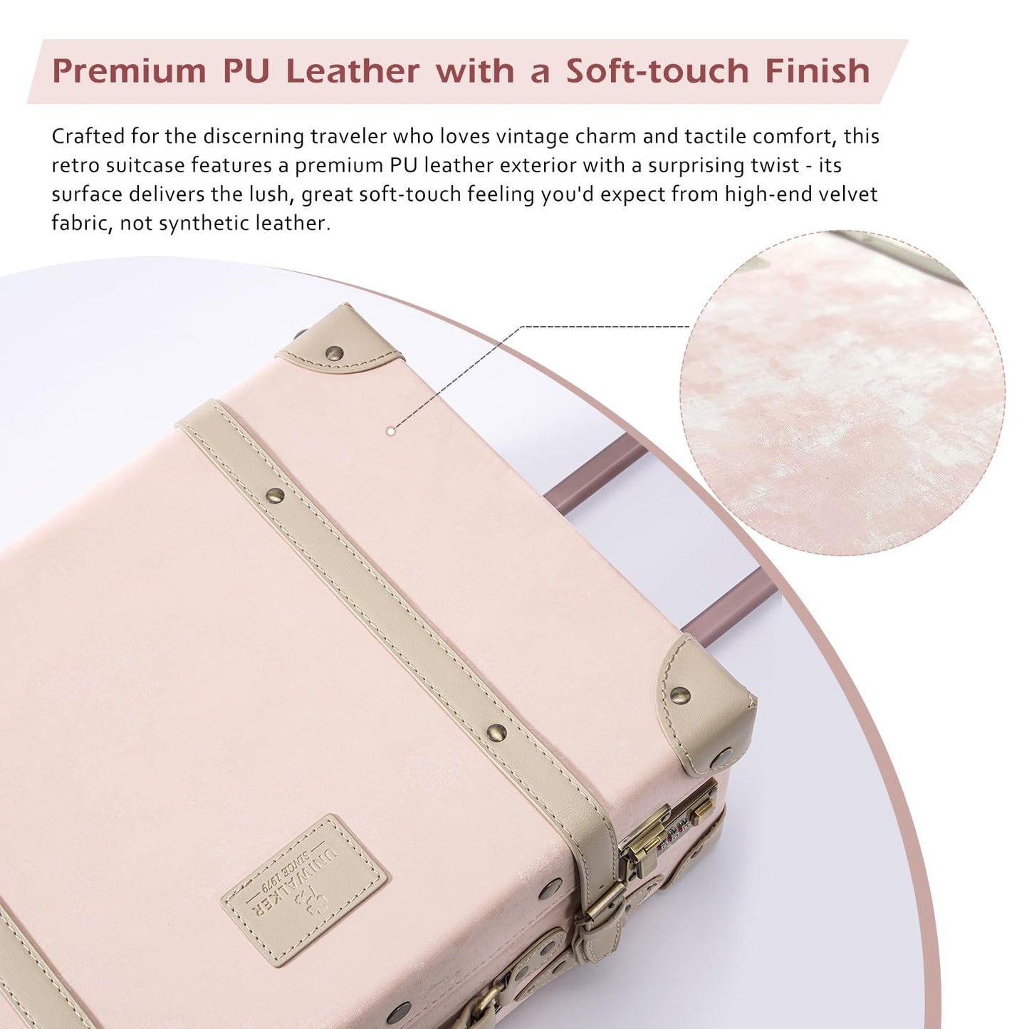 UNIWALKER Vintage Leather Suitcase Set of 2, Retro Trunk Style Spinner Luggage with Cosmetic Train Bag for Women(Velvet Pink, 26''+12'')