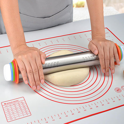 Rolling Pin with Adjustable Thickness Rings and Silicone Baking Pastry Mat Set for Baking,Stainless Steel Dough Roller,Baking Supplies for Cookie Fondant Pizza Cake Pasta(Red)