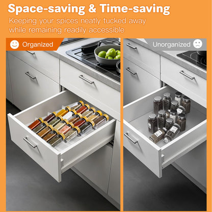 Spice Drawer Organizer, 4 Tier Clear Acrylic Drawer Seasoning Organizer Rack, Kitchen Seasoning Jars Drawers Insert, Expandable 11" to 22" Spice Rack Tray for Cabinet/Countertop (Jars Not Included)