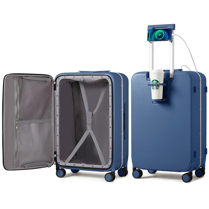 mixi Large Checked Luggage with Cup Phone Holder and Charger Hard Shell Suitcases with Spinner Wheels, 26 Inch Sapphire Blue