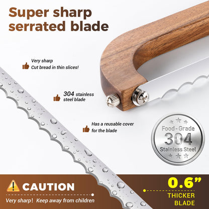 XJHEYLZ Sourdough bread knife,Bread Slicer for Homemade Bread,Adjustable blade tightness for Even Slicing, Serrated knife,Wooden Bread cutter with Bow Design (3, Red-brown color)