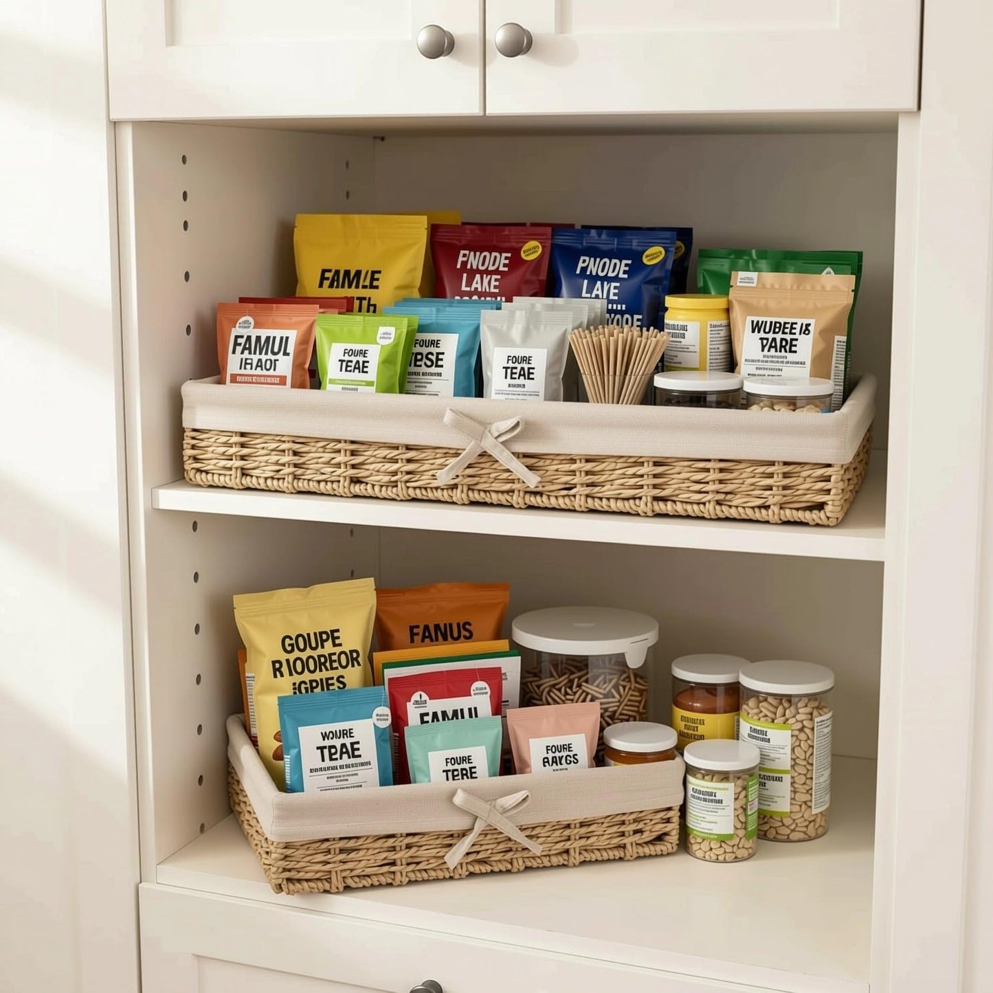 Shallow Storage Baskets for Shelves, Set of 4 Lined Wicker Baskets for Organizing, Khaki Paper Rope Shelf Storage Bins for Pantry, Closet, Bathroom
