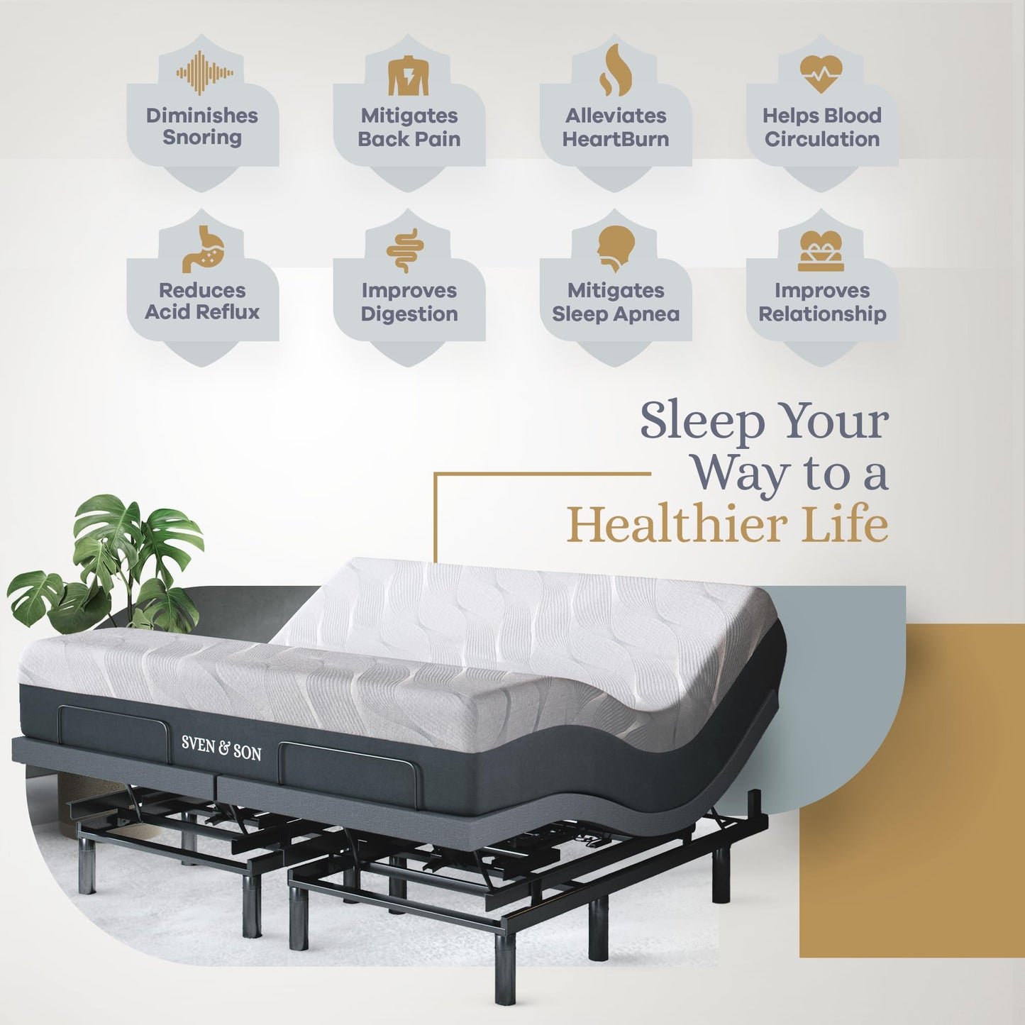 Sven & Son Bliss Adjustable Bed Base-Frame + 14 inch Hybrid Spring Matt (Medium Soft), Head and Foot Lift, Lumbar, Pillow-Tilt, Massage, Under-Bed Lights, USB, Memory, Zero Gravity - King