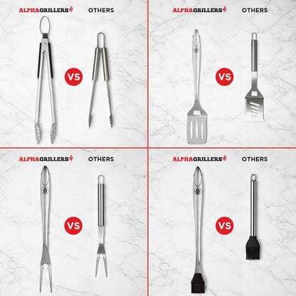 Alpha Grillers Grilling Accessories - Ultimate BBQ Tool Set with Spatula, Fork, Brush & Tongs - Perfect Gifts for Men
